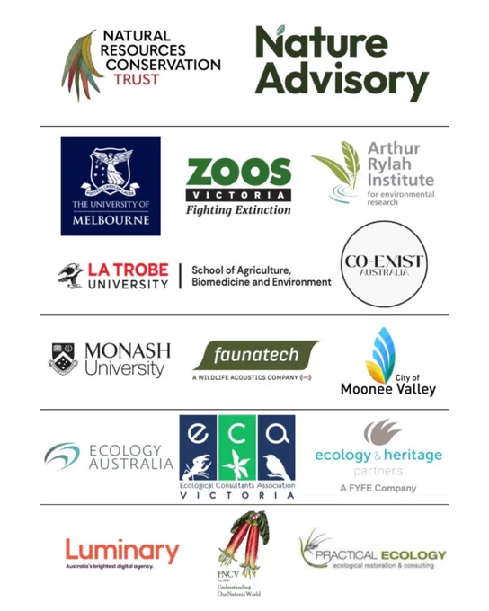 A graphic of the logos of all of VicBioCon's sponsors; those mentioned in the caption as well as La Trobe University, Arthur Rylah Institute, Co-Exist Australia, Zoos Victoria, Monash University, Faunatech, City of Moonee Valley, Ecology Australia, Ecological Consultants Association Victoria, Ecology & Heritage Partners, Luminary, Field Naturalists Club of Victoria, Practical Ecology. 