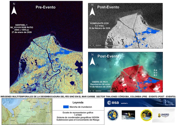 Multi-temporal analysis of the Sinu River mouth in Colombia. The map uses Sentinel-1, KOMPSAT-5, and CBERS-4 data from before and after floods to estimate affected areas. 