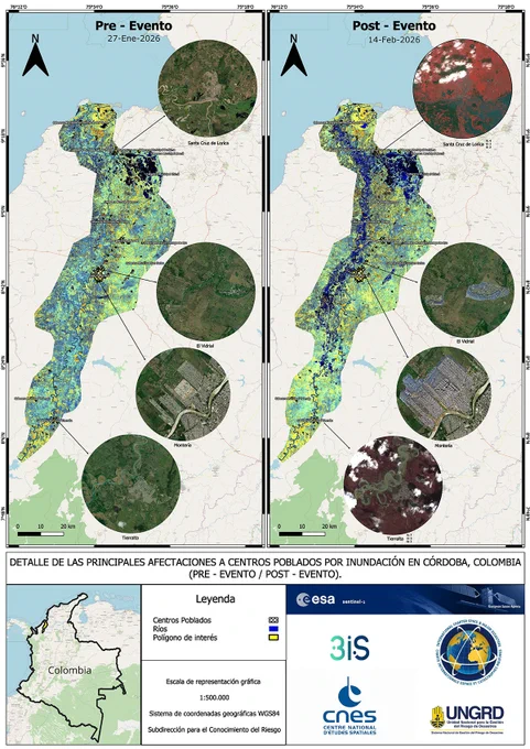 Map of areas affected by floods in Cordoba, Colombia. The map uses Sentinel-1 data and Pleiades  imagery to compare the area before and after the flood. 