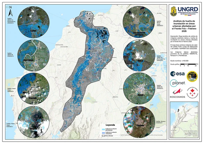 Flood map of Colombia. The map uses RCM, KOMPSAT-5, CBERS-4, and PlanetScope data to estimate the impact of the floods. 