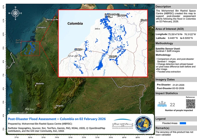 Flood map of Colombia. The map uses Sentinel-1 data from 2 February to estimate the impact of the flood. 
