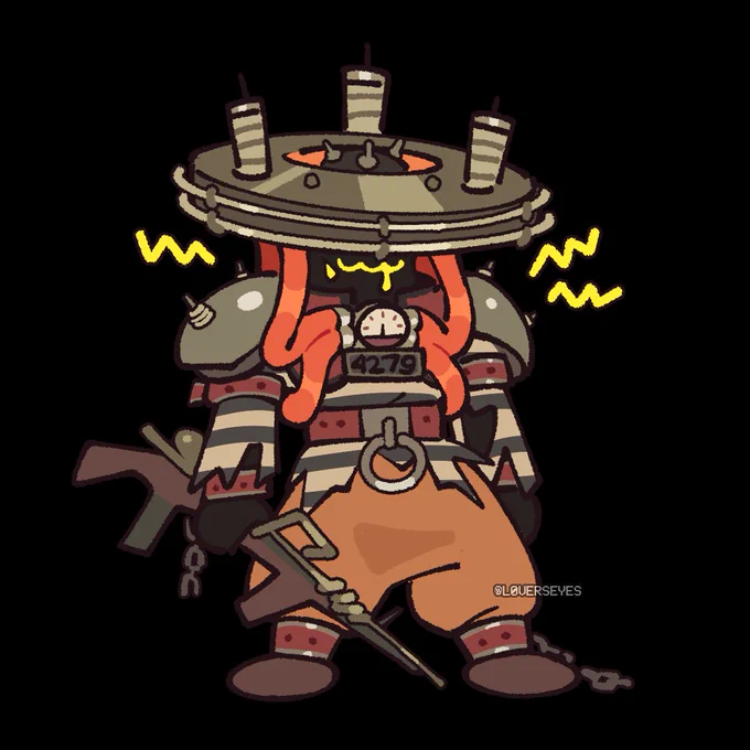 chibi seven from deadlock. he's tilting his head down, his melted face hidden except for his smile.
