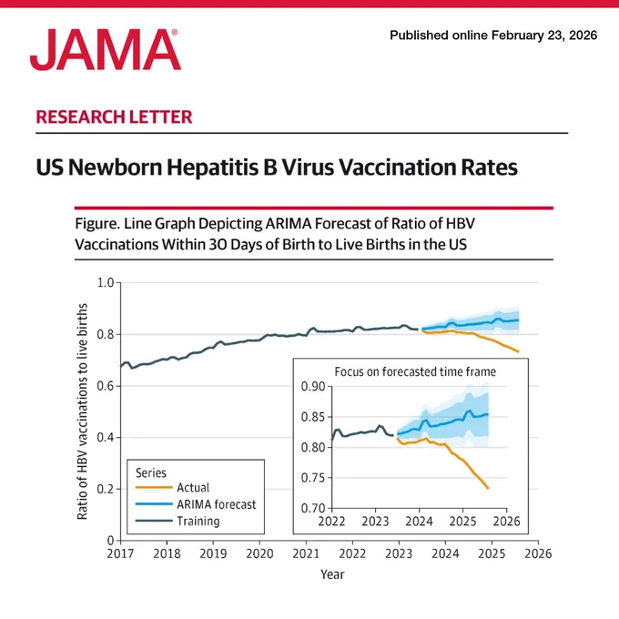 Line graph titled \"US Newborn Hepatitis B Virus Vaccination Rates.\" It shows the ARIMA forecast of the ratio of HBV vaccinations within 30 days of birth to live births in the US, from 2017-2026. The actual, ARIMA forecast, and training data are plotted.