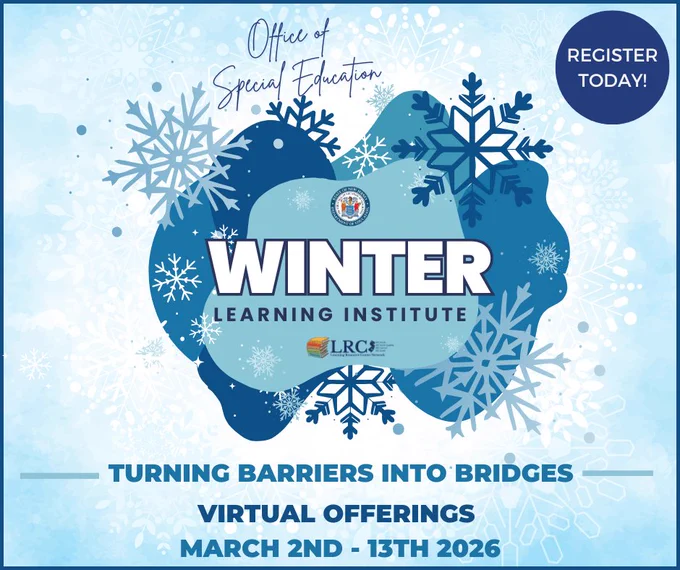 Promotional flyer for Winter Learning Institute hosted by Office of Special Education, featuring virtual offerings from March 2nd to 13th, 2026. Design includes various blue snowflakes, bold white and blue text, and a "Register Today!" callout in a dark blue circle.