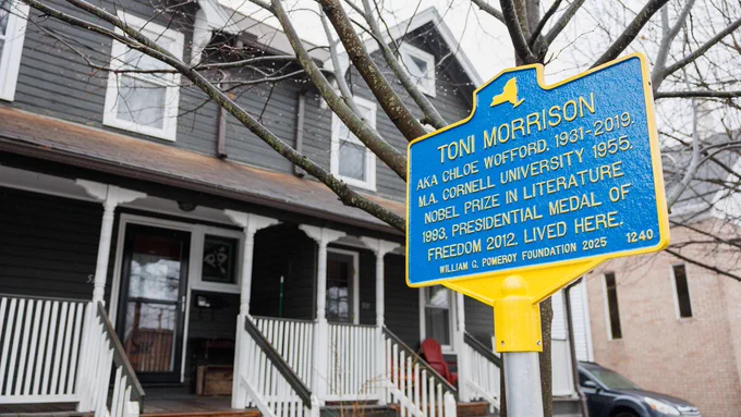 A historical marker for Toni Morrison, M.A. ’55, was unveiled at 513 N. Albany St. in Ithaca, where she lived during her first year at Cornell. Picture by Alexandra Bayer.