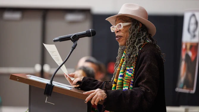 Anne V. Adams, professor emerita in Africana studies and comparative literature and chair of the Toni Morrison Collective, attends the community celebration for Morrison’s 95th birthday.
