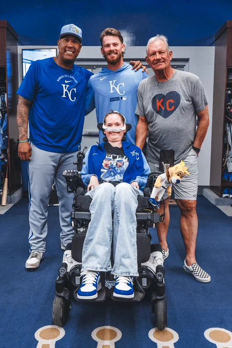 A group photo of Salvador Perez, Bobby Witt Jr., George Brett, and the Royals Guest Sarah Nauser. (Photo by Jason Hanna/Kansas City Royals)