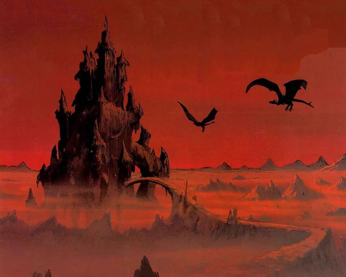 Two shadowy dragons fly towards a big black cartoony castle against a blood red sky.