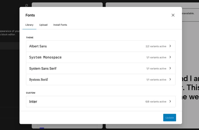 WordPress font library interface