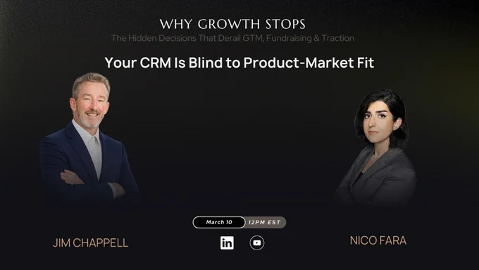 Why Growth Stops show promotional graphic. Episode title: Your CRM Is Blind to Product-Market Fit. Featuring Jim Chappell and Nico Fara. Dark charcoal background with show branding. Premiering March 10 at 12PM EST on LinkedIn and YouTube.