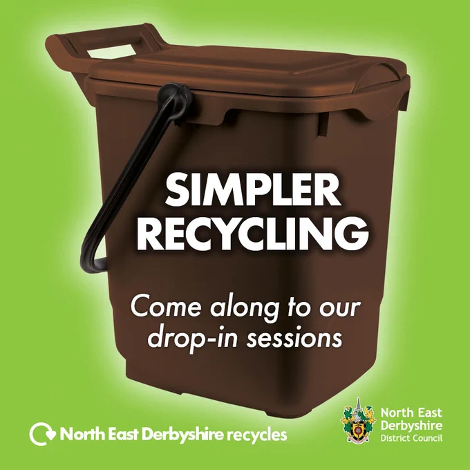 Brown recycling bin with text: "Simpler Recycling. Come along to our drop-in sessions." North East Derbyshire District Council logo.