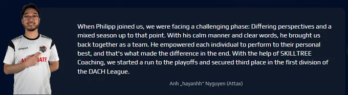Feedback regarding a team coaching session that led a team from a crisis to the playoffs and 3rd place in Division 1 (DACH region). Focus on composure and team unity.