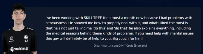 Testimonial from Diyar-Ikrar "InsaneDINI" Ceviz (Bodax Gaming) about 1-on-1 coaching. It highlights how the coaching helps manage stress and pressure for better individual development.
