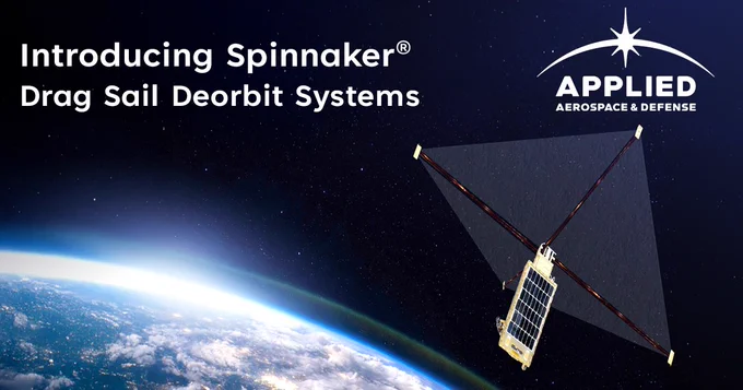An illustration of a Spinnaker Drag Sail Deorbit System in space with the Earth in the background. The Applied Logo sits in the upper right corner and the text reads: Introducing Spinnaker Drag Sail Deorbit Systems
