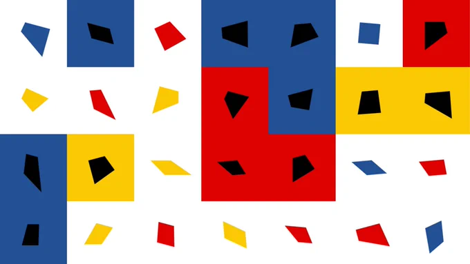 Geometric shapes in black, red, yellow and blue.