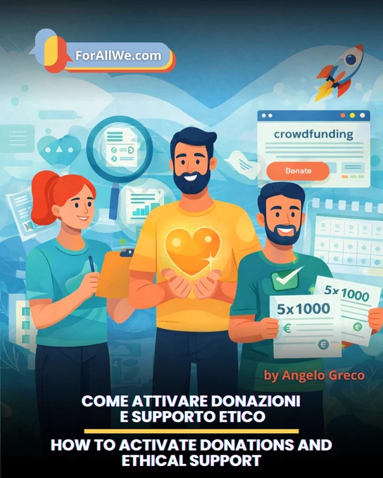Vertical illustrated promotional graphic for a ForAllWe.com article about ethical giving and donations. In the center, three smiling characters are shown: a red-haired woman holding a clipboard, a man in a yellow shirt holding a glowing heart, and a man in a green shirt holding two papers labeled “5x1000.” The background includes visuals related to transparency and fundraising, such as a magnifying glass over a document, a web page labeled “crowdfunding” with a “Donate” button, a rocket, and a calendar. The “ForAllWe.com” logo appears at the top left. In the lower dark banner area, the author credit “by Angelo Greco” and a bilingual title are displayed: “COME ATTIVARE DONAZIONI E SUPPORTO ETICO / HOW TO ACTIVATE DONATIONS AND ETHICAL SUPPORT.”