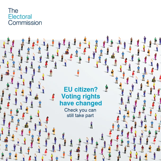 Image of lots of small people around a circle of text which reads, 'EU citizen? Voting rights have changed. Check you can still take part.