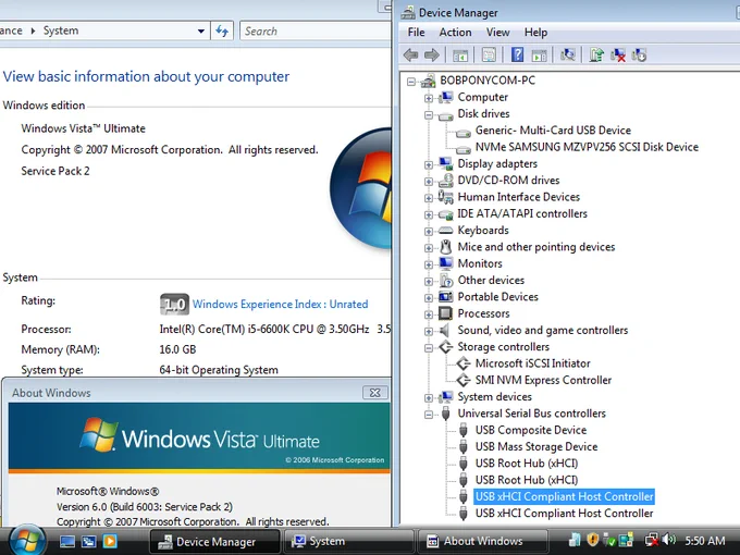 Desktop screenshot of the Windows Vista install running on Intel 6th gen core i5 processor, installed on a SAMSUNG NVMe drive and Device Manager shows NVMe and USB xHCI driver is working.