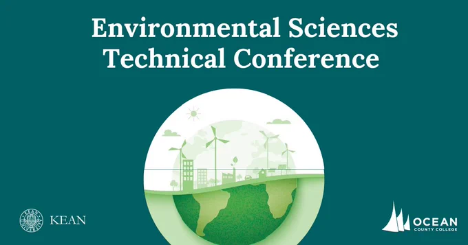 Graphic of a green globe with wind turbines and solar panels promoting the Environmental Sciences Technical Conference.