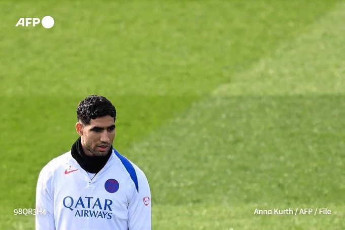 File photo shows Paris Saint-Germain's Moroccan defender Achraf Hakimi during a training session at the Campus Paris Saint-Germain in Poissy, in the western outskirts of Paris on February 24, 2026