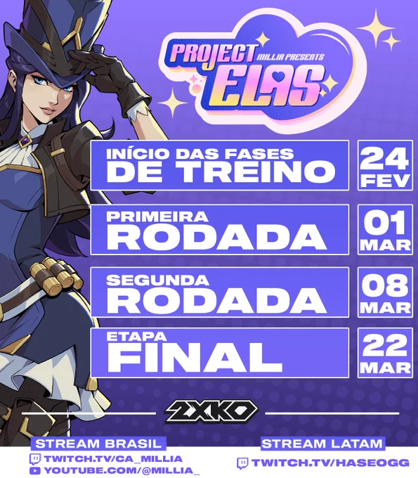 Imagem de agenda do evento:
Início das fases de treino dia 24/02
Primeira rodada dia 01/03
Segunda rodada 08/03
Finais dia 22/03

Transmissões na twitch.tv/ca_millia e youtube.com/@Millia_ e stream latam em twitch.tv/haseogg