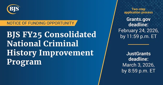 Image with BJS logo titled, "Notice of Funding Opportunity: FY25 Consolidated National Criminal History Improvement Program" with deadlines displayed.