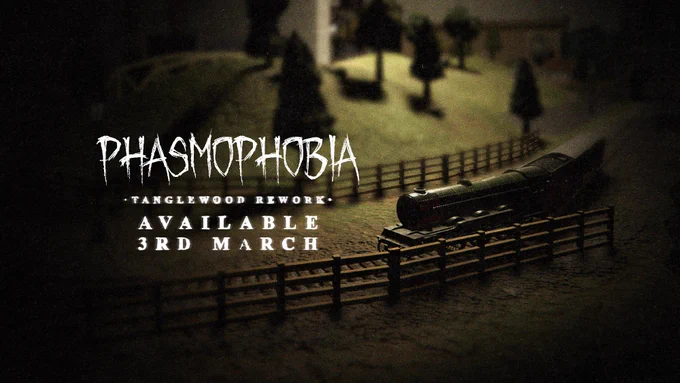 Key art for the Phasmophobia Tanglewood rework update. It features the Phasmophobia logo, the release date (3rd March) as well as a toy train set.