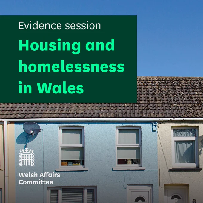 An image of a row of houses in Wales with text that reads 'Evidence session. Housing and homelessness in Wales'