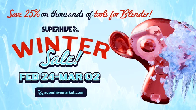 Superhive Winter Sale banner featuring Suzanne — Blender's iconic mascot — rendered in red chrome and covered in ice and snow. Text reads: "Save 25% on thousands of tools for Blender! Winter Sale! Feb 24 – Mar 02. superhivemarket.com"