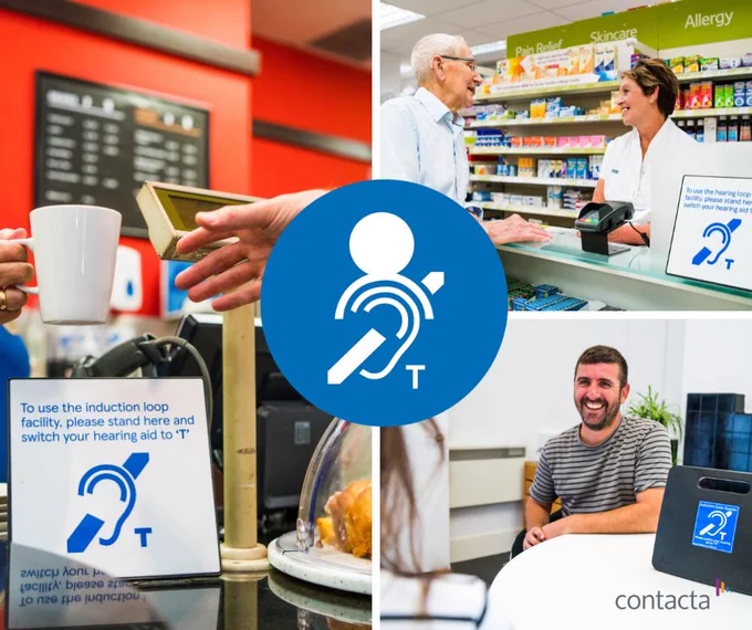 Three images of interaction points where hearing loops make conversation clear for people with hearing loss - a cafe where a mug of coffee is being handed to a customer, a pharmacy counter where a white haired man chats to a female member of staff and a desk where a man is smiling across at a person who can just be seen.