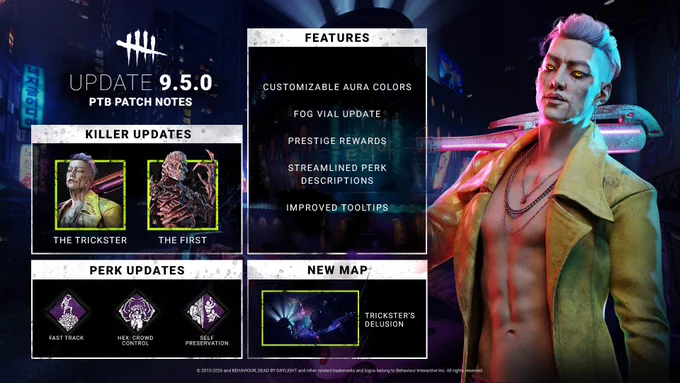 An overview of Dead by Daylight's PTB patch notes for Update 9.5.0. Killer updates are listed for The Trickster and The First. Perk updates are listed for Fast Track, Hex: Crowd Control, and Self Preservation. Features are listed as including customizable aura colours, a fog vial update, prestige rewards, streamlined perk descriptions, and improved tooltips. Finally, a new map is listed, with the name Trickster's Delusion.