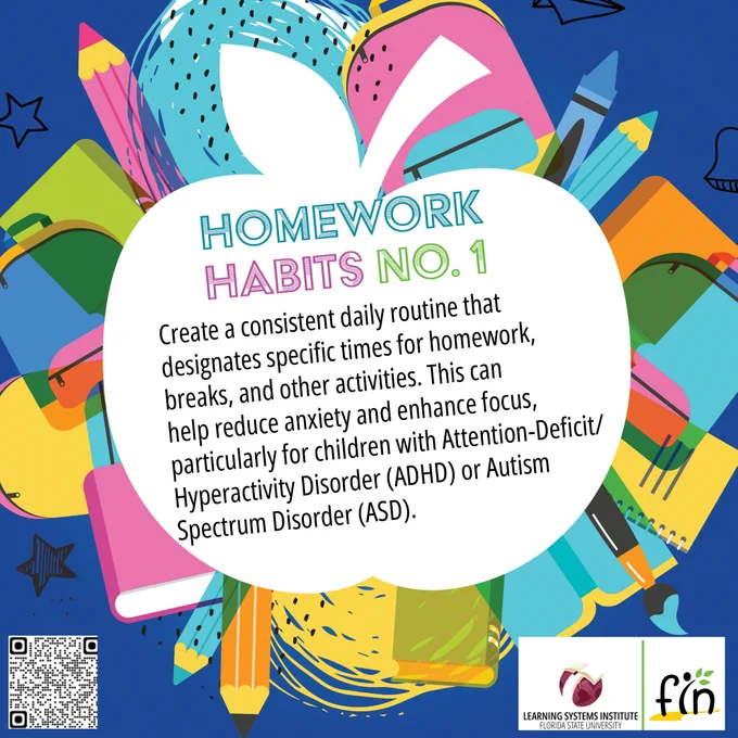 A colorful educational graphic titled "Homework Habits No. 1" emphasizes the importance of creating a consistent daily routine for homework, breaks, and other activities to aid children, especially those with ADHD or ASD. The background is filled with abstract shapes in various colors. Logos for the Learning Systems Institute and FIN are at the bottom right.