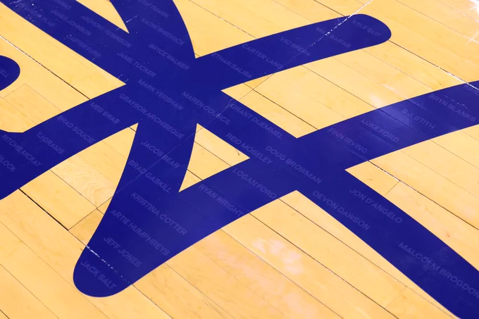 A close-up of a basketball court featuring large, intersecting blue lines on a wooden floor. The names of various individuals are printed in white within the blue lines.