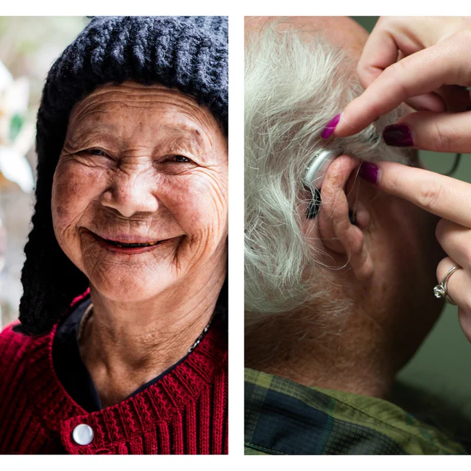 A collage of an elderly asian woman smiling and an older man being fitted for a hearing aid