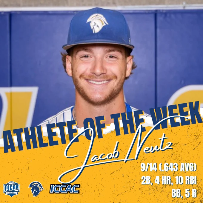 Smiling baseball player in a blue cap, named Athlete of the Week. Text includes statistics and logos. Bright and celebratory tone.