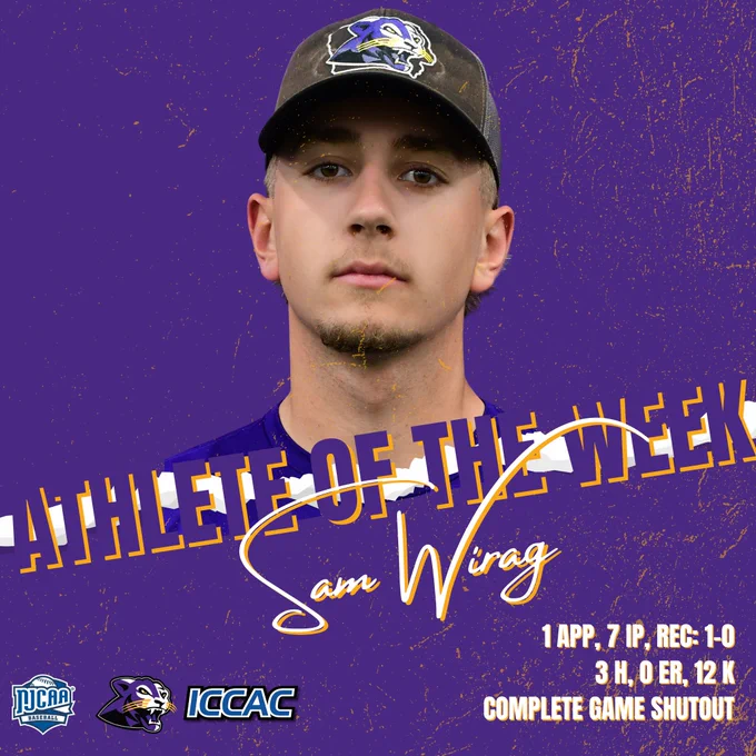 A young man wearing a baseball cap is on a purple background, text reads "Athlete of the Week." Includes performance stats and logos.