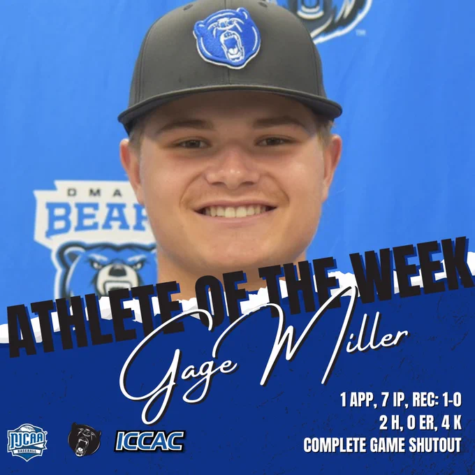 Smiling man in a baseball cap with a bear logo, featured as "Athlete of the Week." Stats: 1 app, 7 IP, 2 H, 0 ER, 4 K, complete game shutout. Blue background.