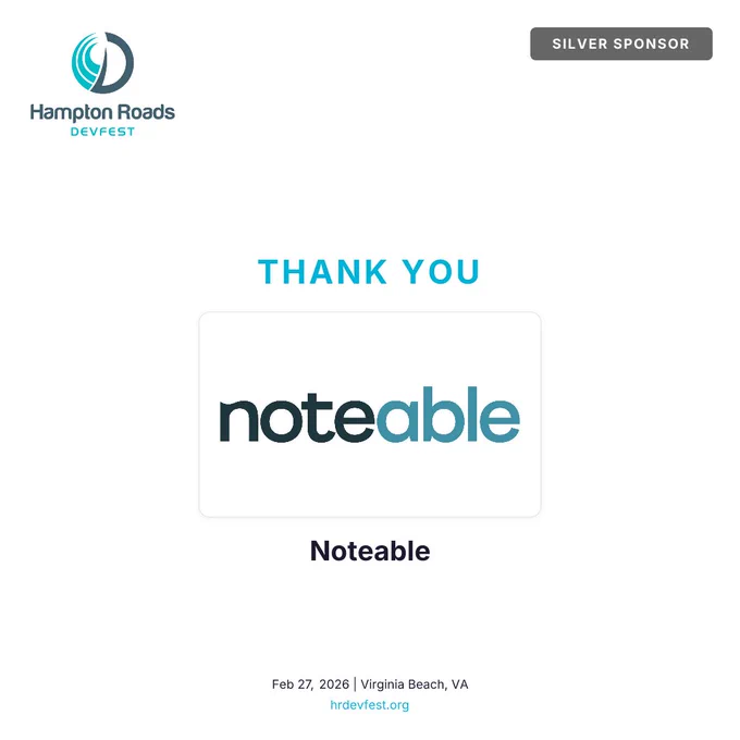 Hampton Roads DevFest recognition for Noteable as a silver sponsor, dated February 27, 2026, in Virginia Beach, VA.