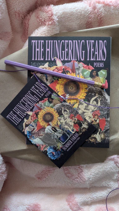 The Hungering Years by Summer Farah, a postcard of the cover, and a purple pencil that says I TELL ETEL ADNAN. Sitting on a pink blanket