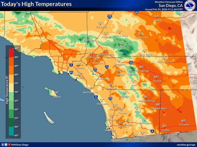 Map of forecast high temperatures for Southern California for Tuesday Feb 24, 2026. For the coastal areas: 69 to 78, western valleys and inland Orange County: 76 to 80, inland valleys: 75 to 81, mountains between 4000 ft and 7000 ft: 61 to 72, high desert: 76 to 80, low desert: 85 to 89.