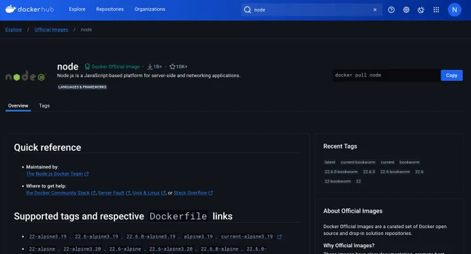 Docker Hub page for node Docker image
