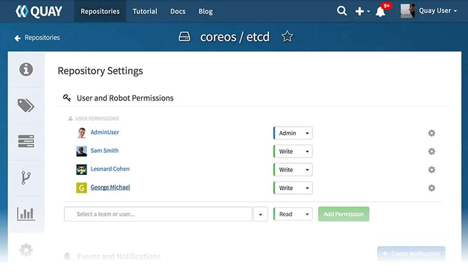 Quay container registry repository settings page