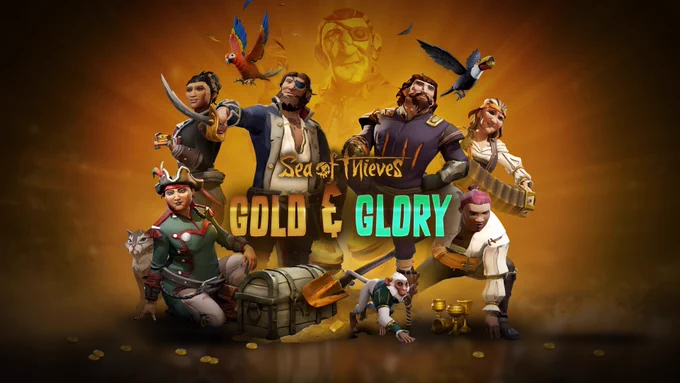 A number of pirates and animals pose around the words 'Sea of Thieves Gold & Glory'.