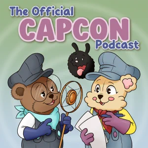 Square promotional graphic for “The Official CAPCON Podcast.” The title appears at the top in playful purple and white lettering. Below, two cartoon teddy bear characters dressed as podcast hosts wear blue newsboy caps and overalls. One holds a microphone while the other reads from a script. A small black bunny mascot with its tongue out peeks between them. Soft green gradient background.