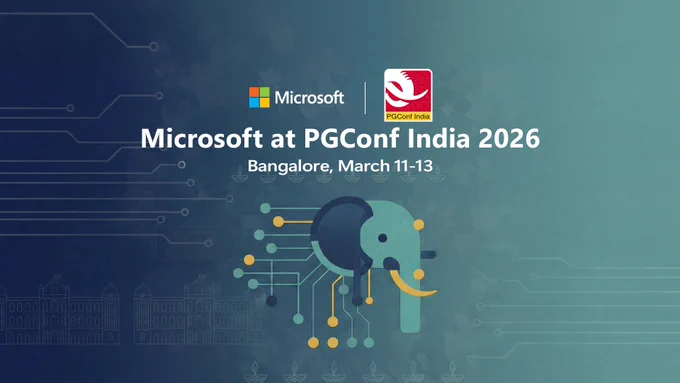 Elephant with PGConf India and Microsoft logos and the big headline of "Microsoft at PGConf India 2026" on an electronic sage green background