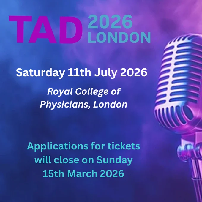Purple and pink image with details of TAD2026 - 11/07/26 at RCP London 