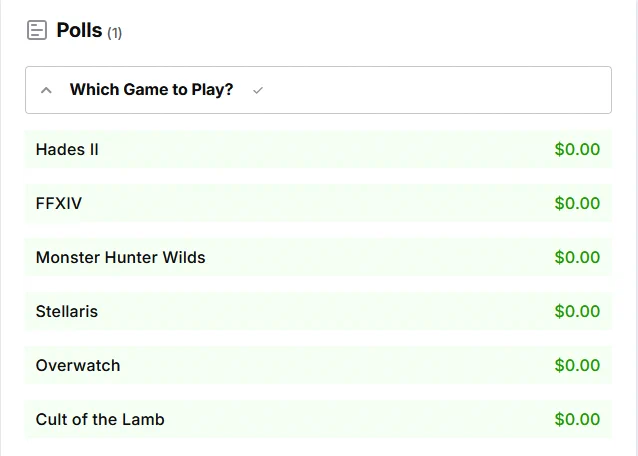 Screenshot of poll that asks, "Which game to play?"
Options: Hades II, FFXIV, Monster Hunter Wilds, Stellaris, Overwatch and Cult of the Lamb.