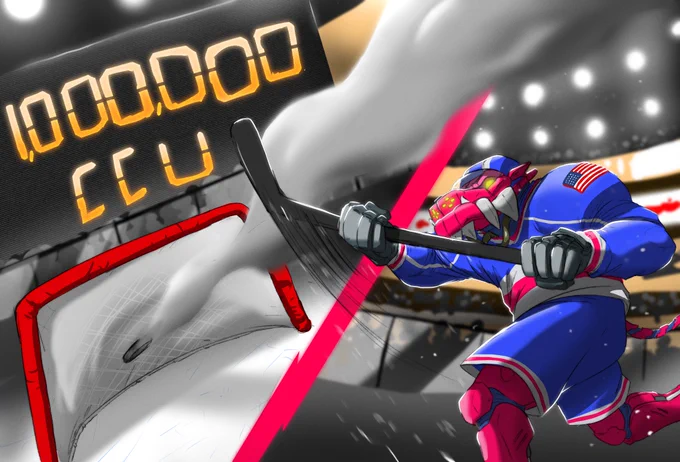 Image of the Gamebeast mascot in hockey uniform shooting a puck quickly into a goal. Above the goal it says 1,000,000 CCU. 