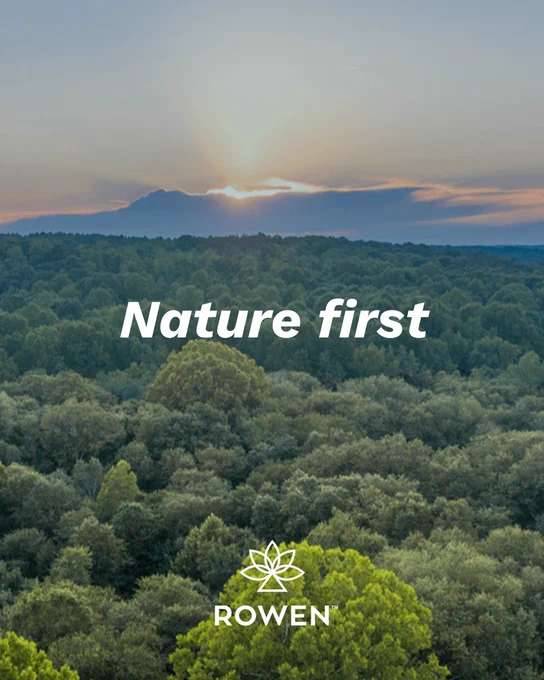 A scenic view of a lush green forest with a setting sun on the horizon. The words "Nature first" appear prominently in the center. The logo and name "Rowen" are displayed at the bottom.