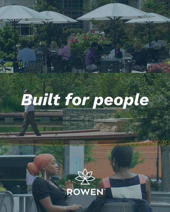 Image displaying three scenes: Top shows people dining outdoors under umbrellas. Middle depicts an individual walking across a bridge with lush surroundings. Bottom presents two individuals seated and conversing. Overlaid text reads "Built for people" and the logo and name "Rowen" are displayed at the bottom.